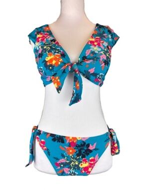 Adore Me Floral Bikini Set L Blue Tie Front Top Side Tie Bottom NWT
